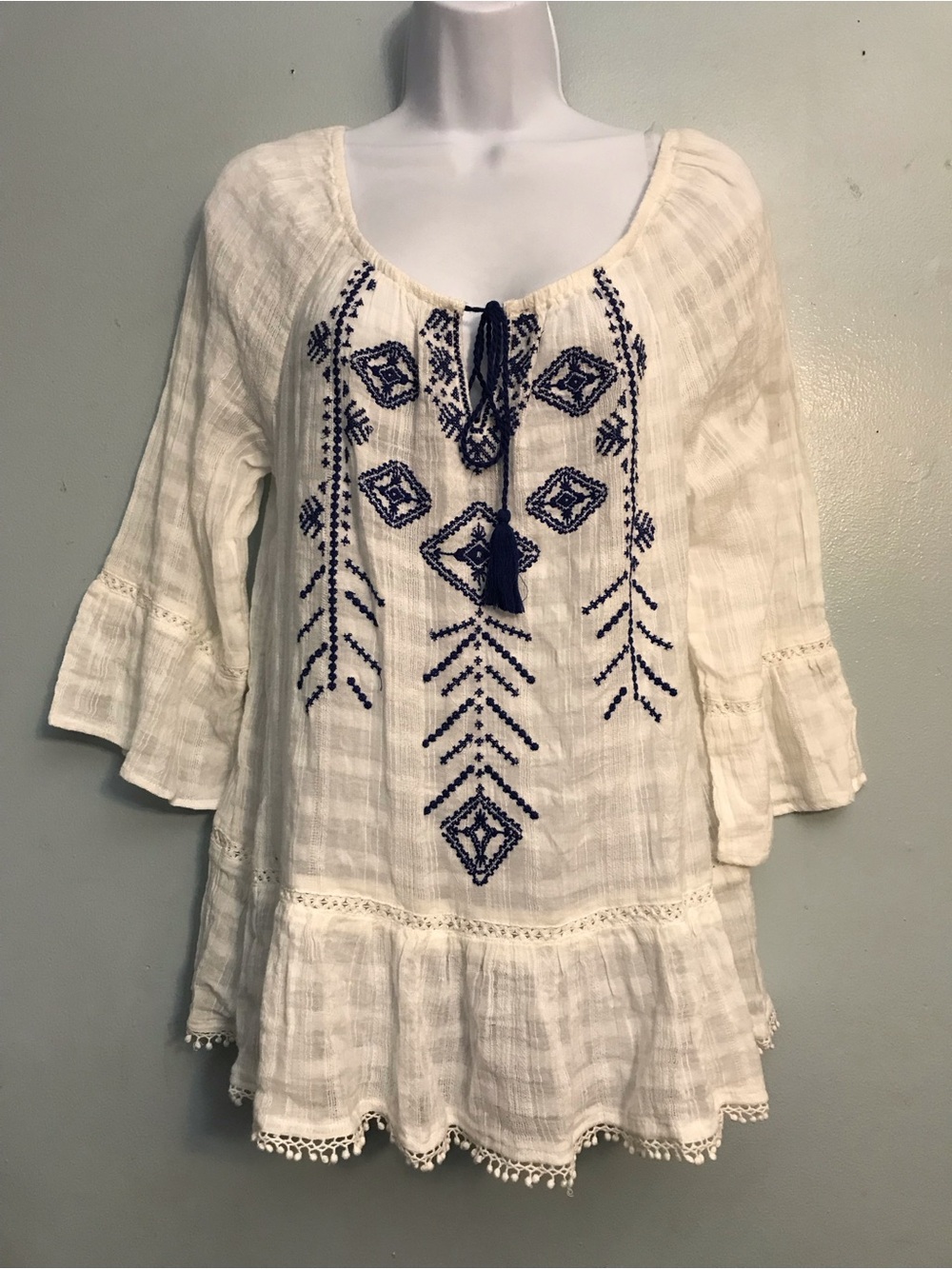 Vintage America Ivory Tunic with Navy Embroidery